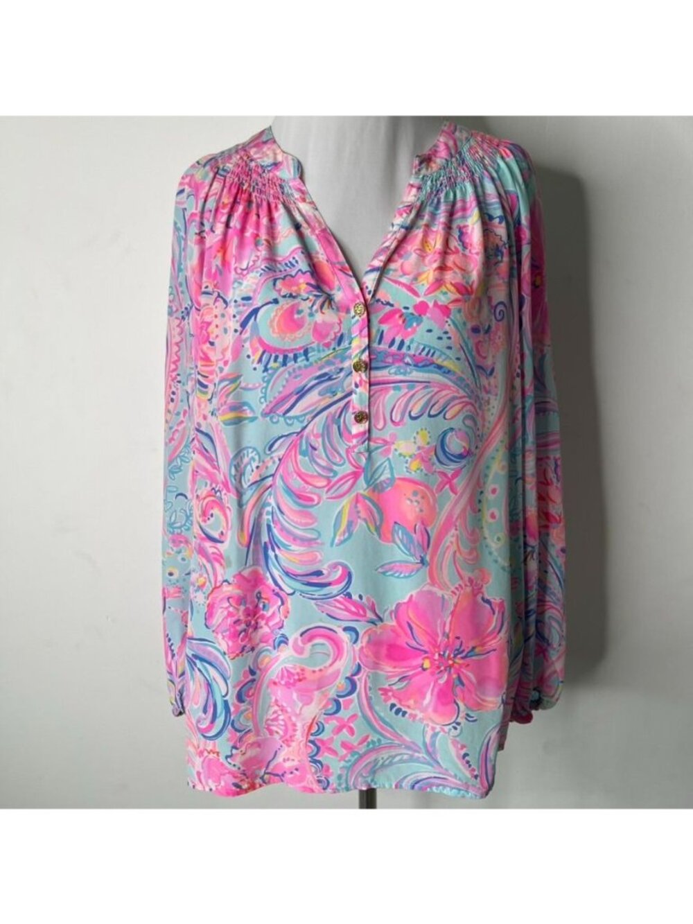 Lilly Pulitzer Elsa Silk Top Blouse Size Large Pink Blue Paisley Jet Stream L
